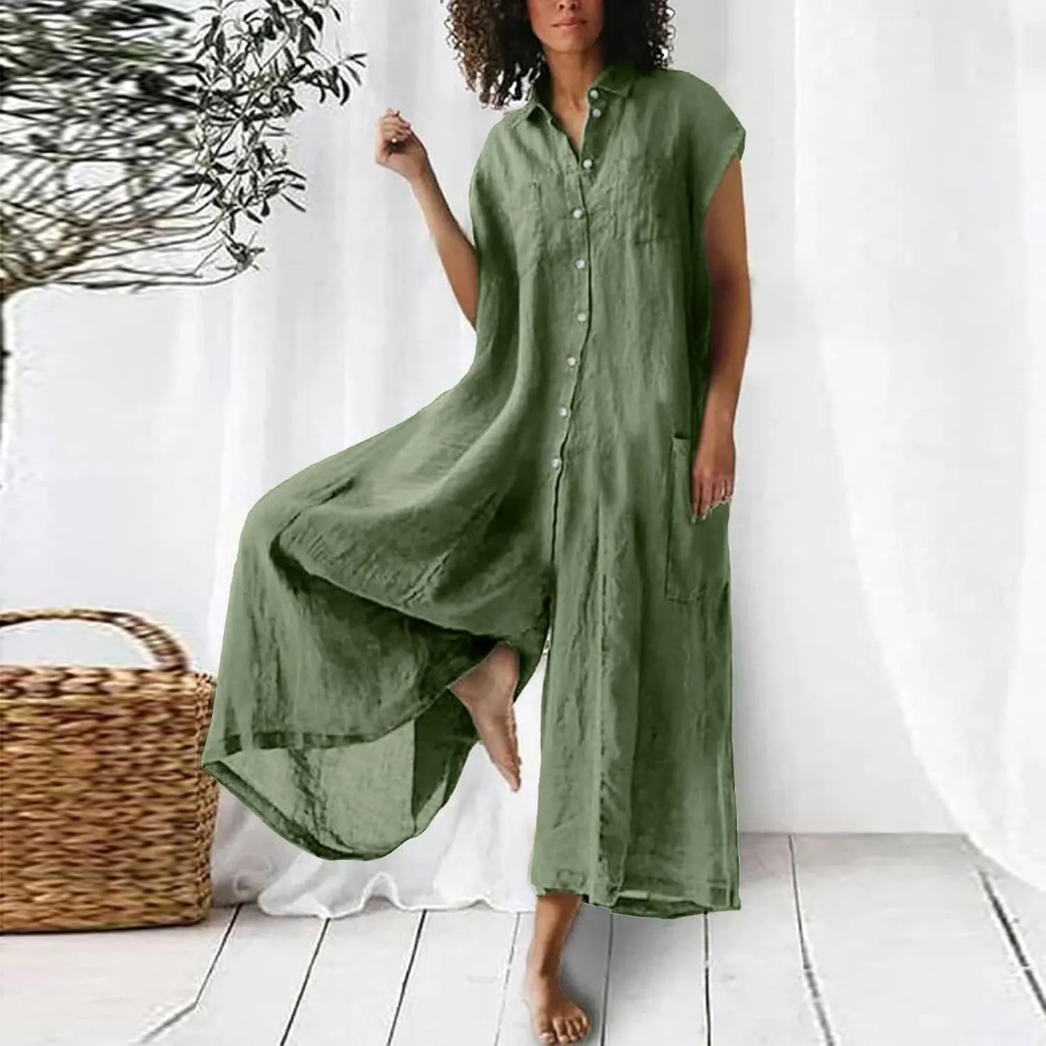 Loose Fit Pants for Women Fall Summer Linen Straight Leg Plain Long Leg Overalls Pants Rompers Women 2024 Fashion