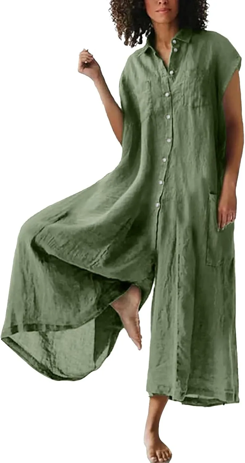 Loose Fit Pants for Women Fall Summer Linen Straight Leg Plain Long Leg Overalls Pants Rompers Women 2024 Fashion