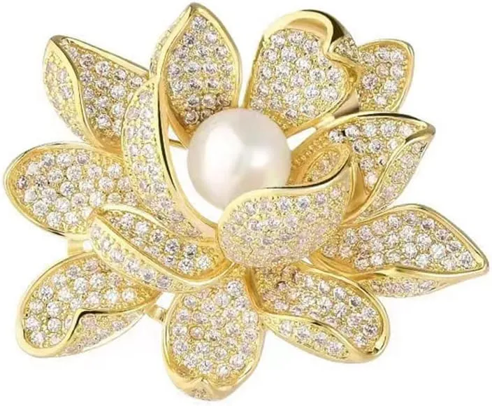 Lotus Flower Brooch Pin for Women Girls Rhinestone CZ Pearl Floral Lapel Pins Corsage Badge Brooches Scarf Clip Pins for Cloth Dress Accessories Decoration