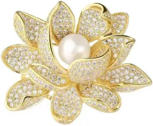 Lotus Flower Brooch Pin for Women Girls Rhinestone CZ Pearl Floral Lapel Pins Corsage Badge Brooches Scarf Clip Pins for Cloth Dress Accessories Decoration