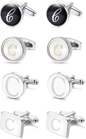 LOYALLOOK 4Pairs Initial C Men's Initial Letter Shirts Cufflinks Engraved Shirt Cufflink Alphabet Set Fashion Dazzle Tuxedo Cufflinks Business Wedding Father's DayGift