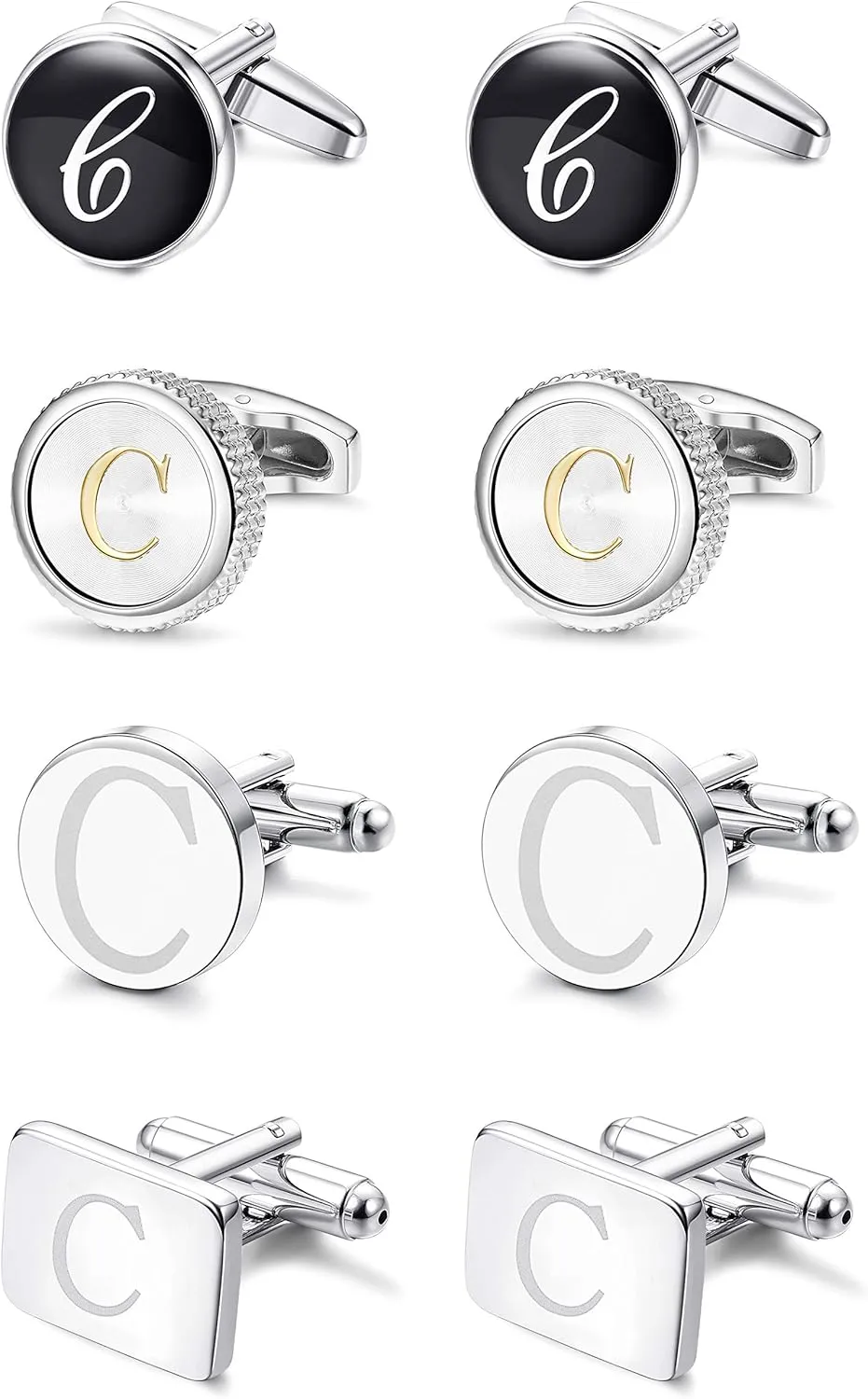 LOYALLOOK 4Pairs Initial C Men's Initial Letter Shirts Cufflinks Engraved Shirt Cufflink Alphabet Set Fashion Dazzle Tuxedo Cufflinks Business Wedding Father's DayGift