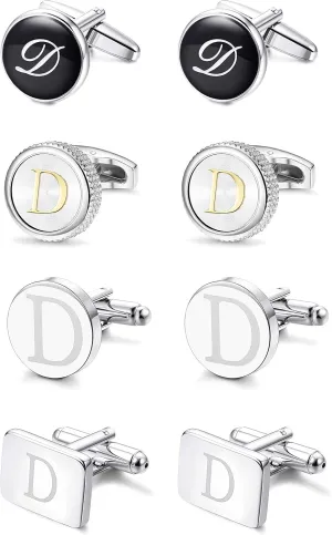 LOYALLOOK 4Pairs Initial D Men's Initial Letter Shirts Cufflinks Engraved Shirt Cufflink Alphabet Set Fashion Dazzle Tuxedo Cufflinks Business Wedding Father's DayGift