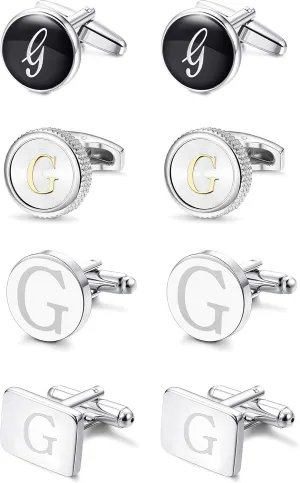LOYALLOOK 4Pairs Men's Initial G Letter Shirts Cufflinks Engraved Shirt Cufflink Alphabet Set Fashion Dazzle Tuxedo Cufflinks Business Wedding Father's DayGift