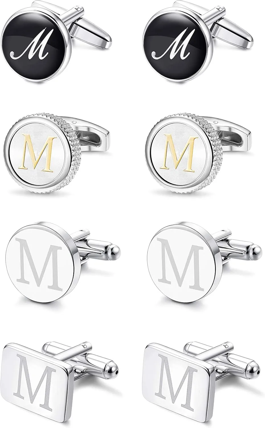 LOYALLOOK 4Pairs Men's Initial M Letter Shirts Cufflinks Engraved Shirt Cufflink Alphabet Set Fashion Dazzle Tuxedo Cufflinks Business Wedding Father's DayGift