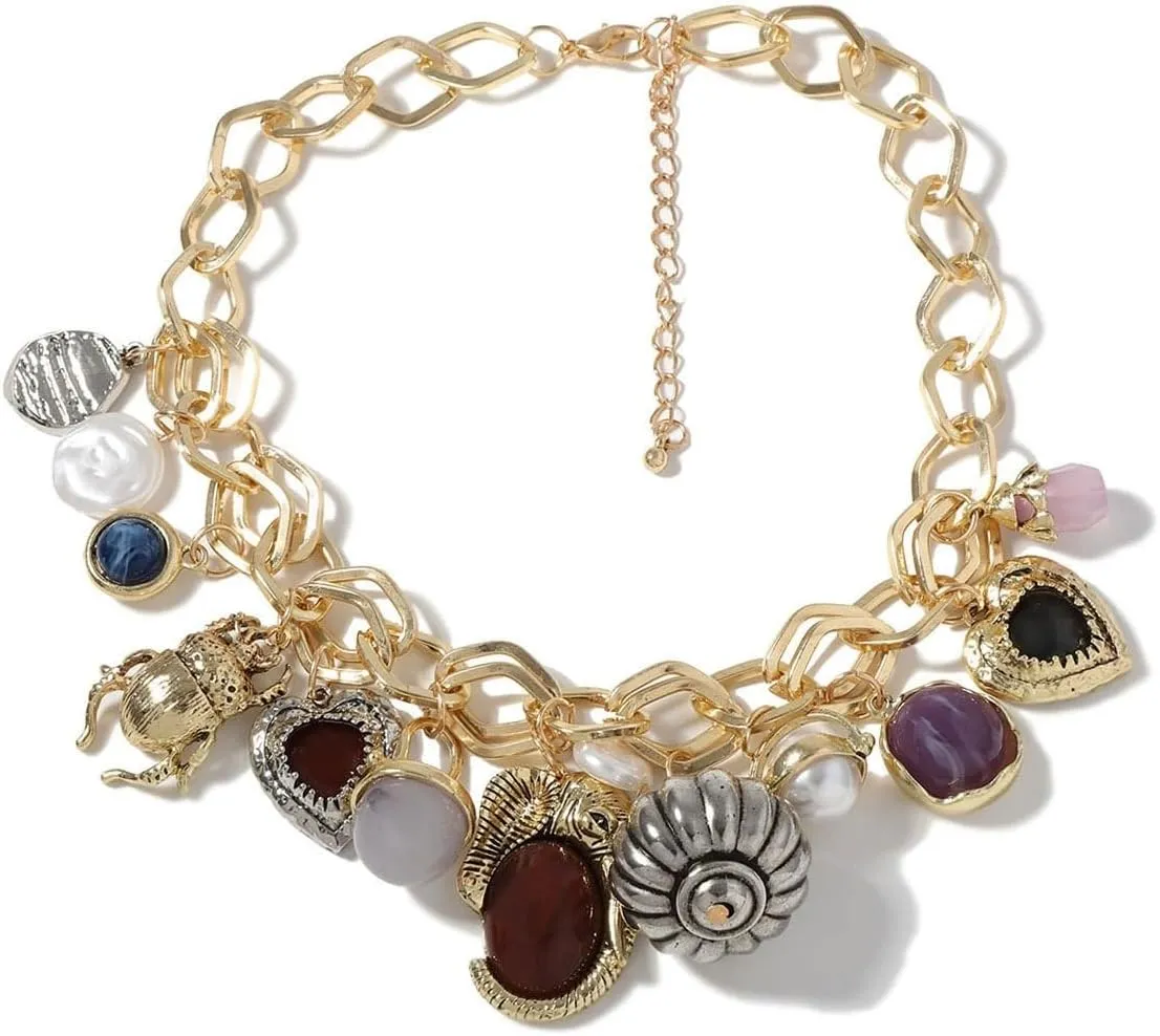 LUREME Vintage Chunky Gold & Silver Alloy Necklace - Gemstone, Insect, Heart & Pearl Charm Choker for Women (nl006364)