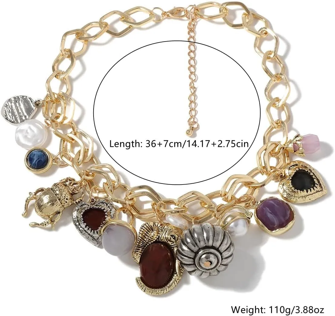 LUREME Vintage Chunky Gold & Silver Alloy Necklace - Gemstone, Insect, Heart & Pearl Charm Choker for Women (nl006364)