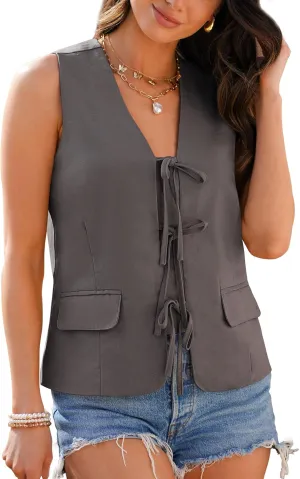 luvamia Linen Vest for Women Trendy Sleeveless Tie Front Tops Summer Casual Top Waistcoat Suit Vests with Pockets