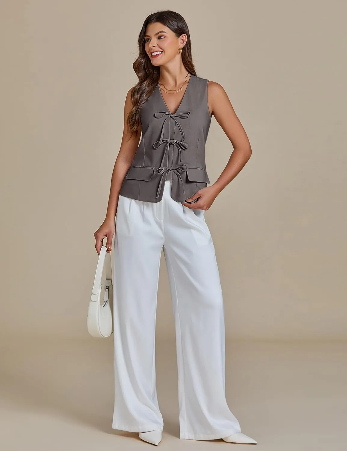 luvamia Linen Vest for Women Trendy Sleeveless Tie Front Tops Summer Casual Top Waistcoat Suit Vests with Pockets