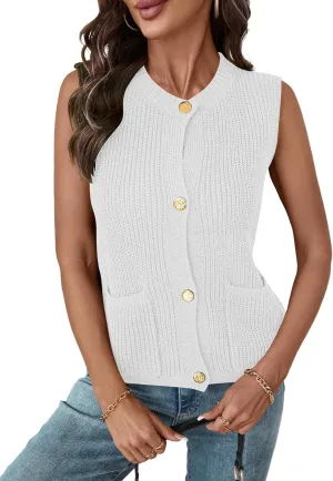 LUYAA Womens Sleeveless Sweater Vest Crochet Chunky Button Down Cardigan Vests Tops 2025 Trendy Summer Casual Outfits