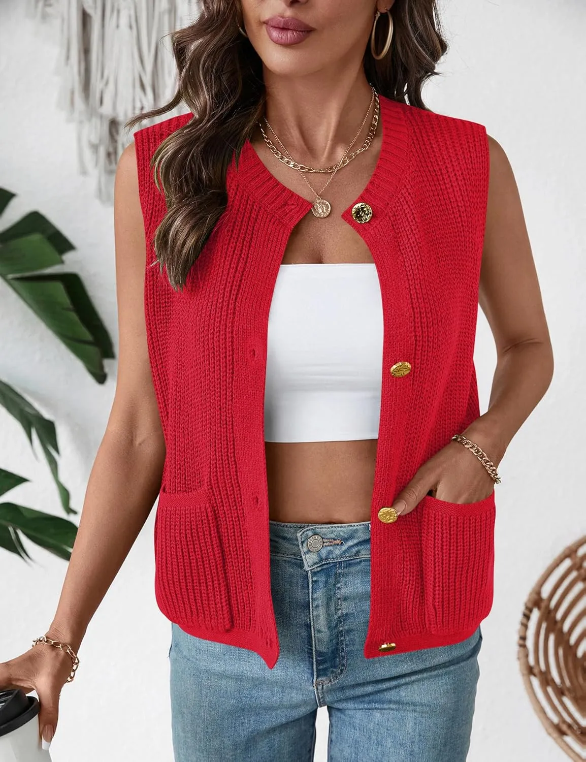 LUYAA Womens Sleeveless Sweater Vest Crochet Chunky Button Down Cardigan Vests Tops 2025 Trendy Summer Casual Outfits