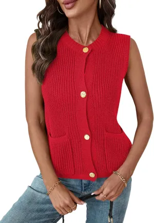 LUYAA Womens Sleeveless Sweater Vest Crochet Chunky Button Down Cardigan Vests Tops 2025 Trendy Summer Casual Outfits