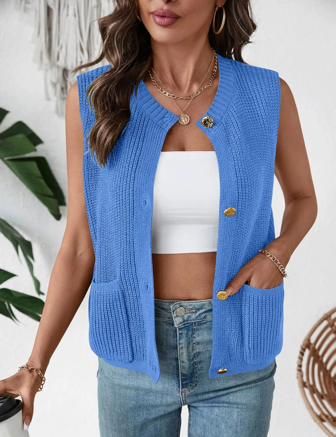 LUYAA Womens Sleeveless Sweater Vest Crochet Chunky Button Down Cardigan Vests Tops 2025 Trendy Summer Casual Outfits