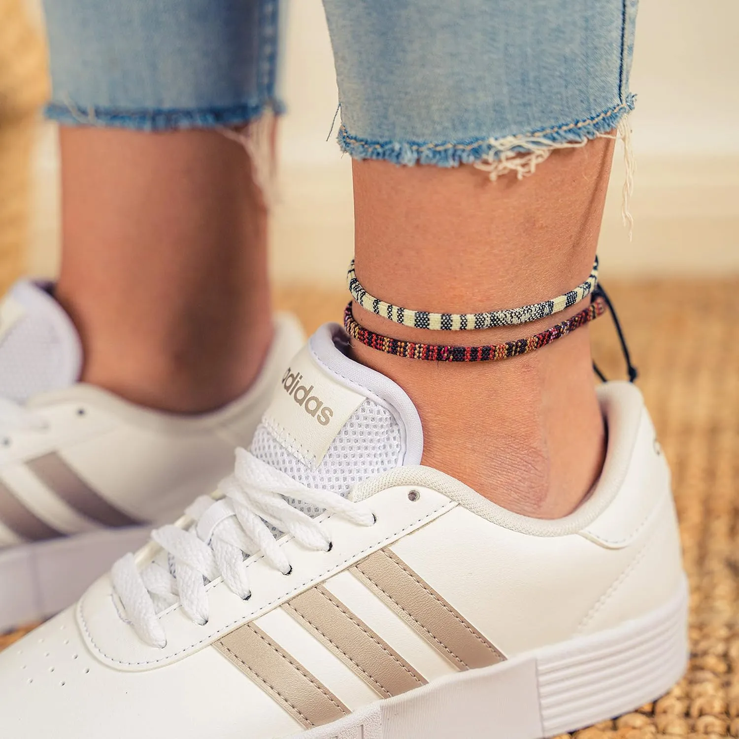 Made by Nami 2 Pcs Surfer Anklet Set Waterproof and Adjustable Braided Anklets for Women and Men Boho Ankle Bracelet Set of 2 for Ethnic Hippie Style (White & Brown)