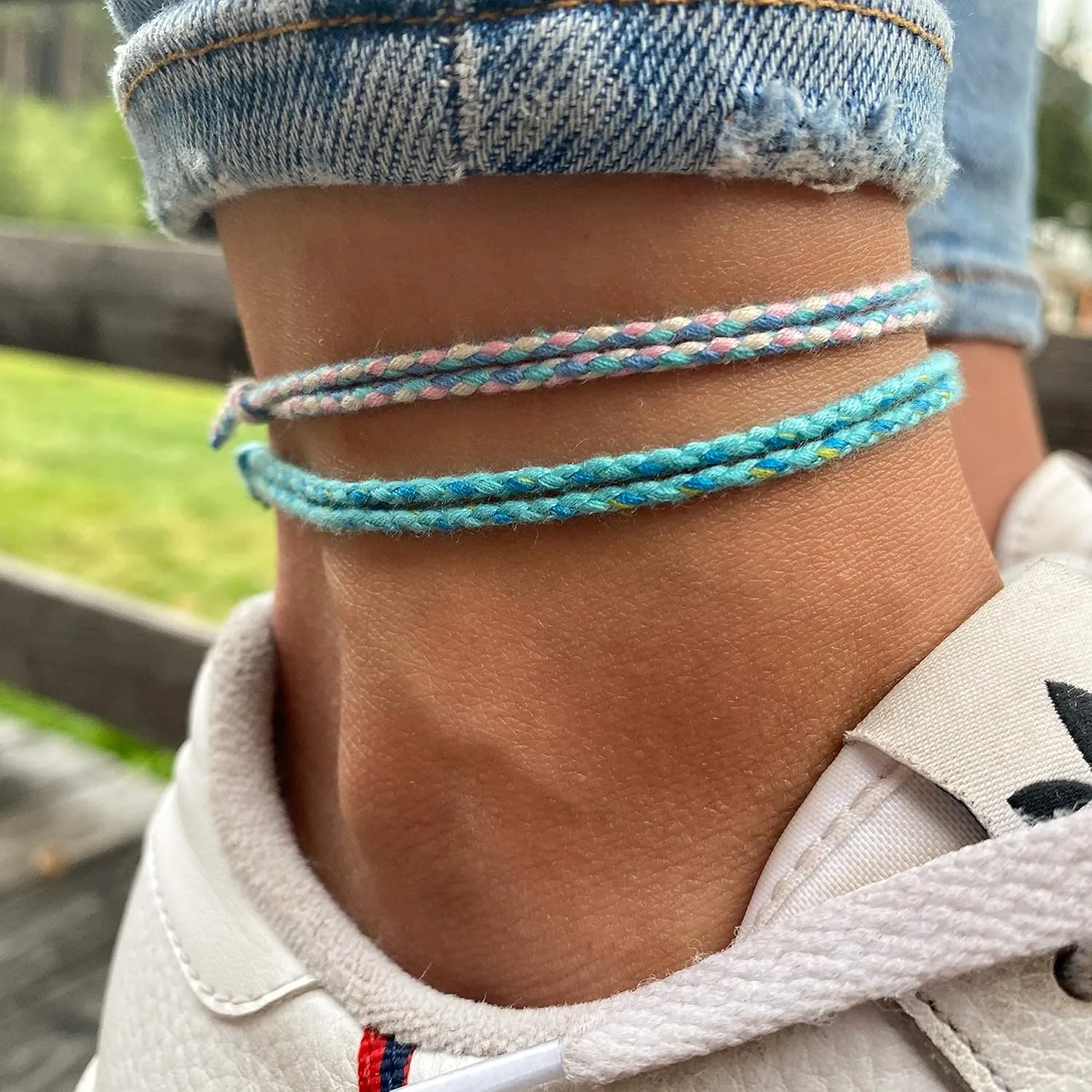 Made by Nami 2 Pcs Wave String Ankle Bracelets for Women Waterproof & Adjustable Thin Braided Anklet Surfer Boho Ankle Bracelet Set of 2 Beach Accessories (Baby Blue Set)