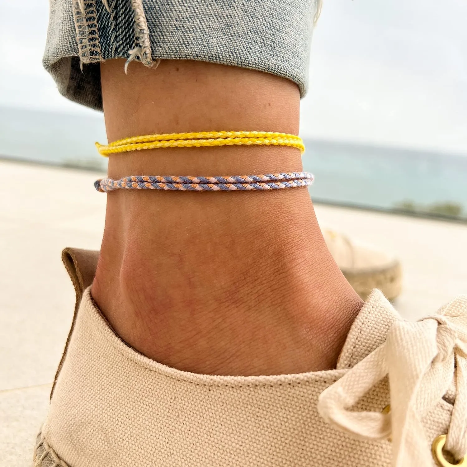 Made by Nami 2 Pcs Wave String Ankle Bracelets for Women Waterproof & Adjustable Thin Braided Anklet Surfer Boho Ankle Bracelet Set of 2 Beach Accessories (Lilac & Lemon)