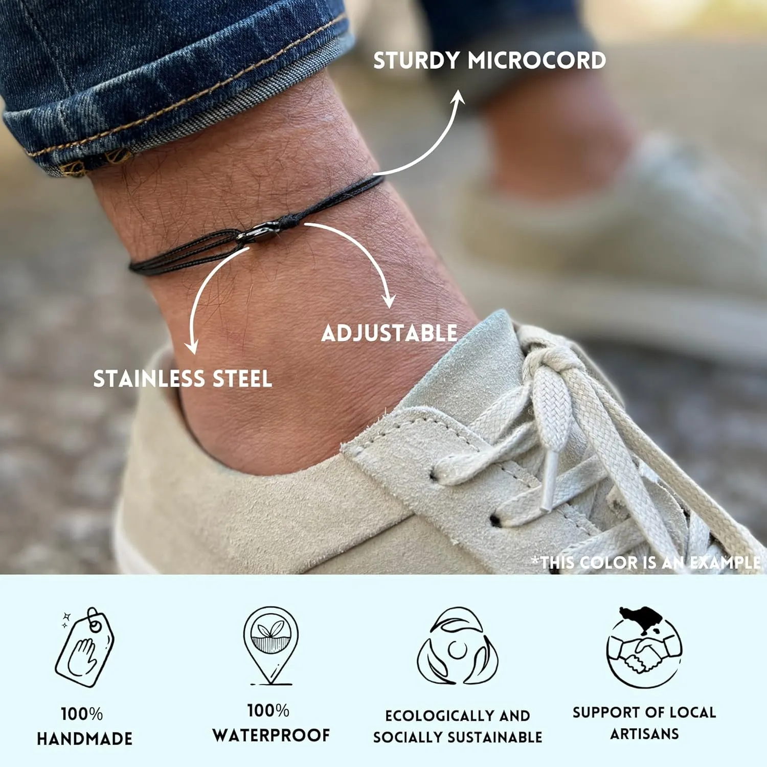 Made by Nami Surfer Anklet with Snap Hook Clasp Waterproof & Adjustable Thin String Ankle Bracelets for Women and Men Handmade Jewelry for Beach and Music Festival Accessories (Retro Silver)