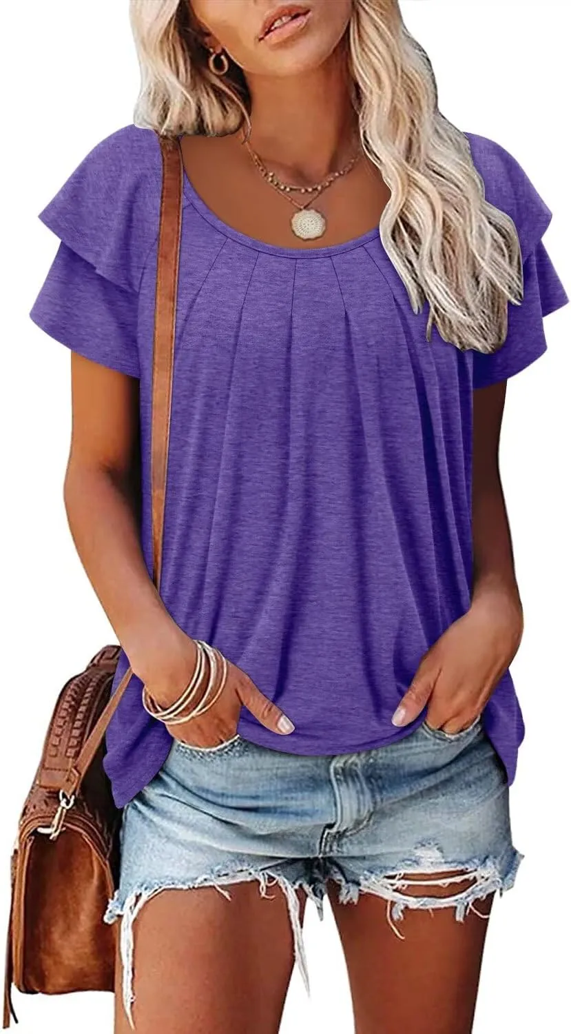 Magritta Women’s Shirts Dressy Casual Short Sleeve Blouses Loose Fit Pleated Front Summer Tunic Tops