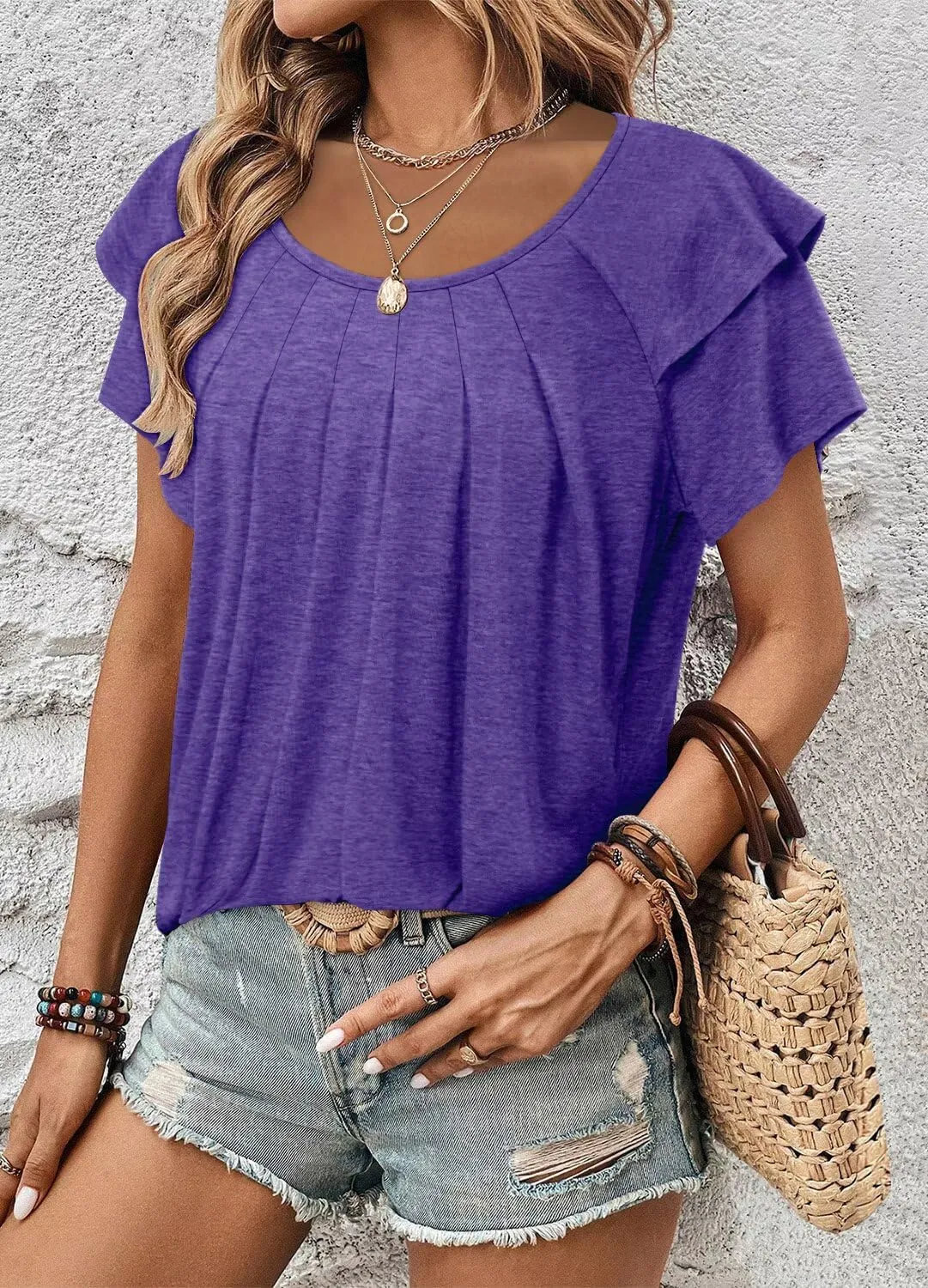 Magritta Women’s Shirts Dressy Casual Short Sleeve Blouses Loose Fit Pleated Front Summer Tunic Tops