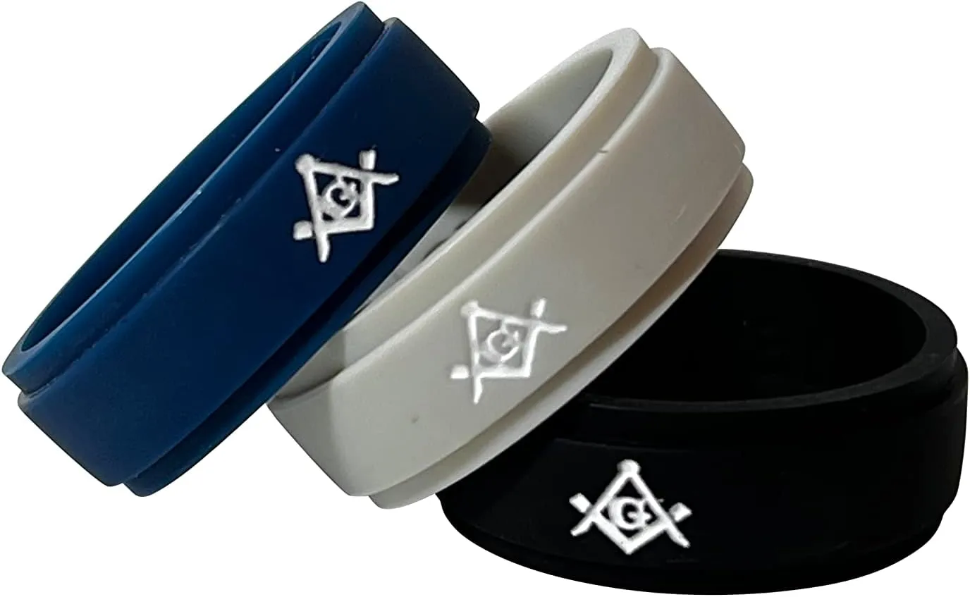 Masonic Rings Silicone Ladder Edge Rings Backfilled in White | Ergonomic Breathable Design | Silicone Edge Sleek Design Rings for Men (Set of 3)