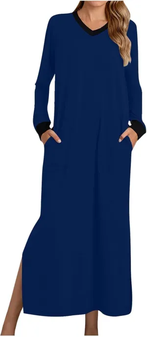 Maxi Dresses for Women Fall V-Neck Pleated Color Block Side Splits Dress Long Sleeve Comfy Flowy Long Pajama Dresses