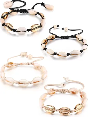 meekoo 4 Pieces Natural Cowrie Shell Ankle Bracelets Seashell Crochet Ankle Bracelet Handmade Boho Anklet Jewelry Adjustable Shell Bead Anklet for Women Hawaii Beach Parties