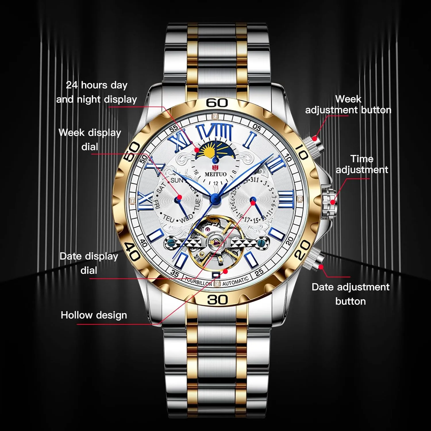 Mens Automatic Watches Tourillon Skeleton Mechanical Mens Watch Self Winding Luxury Fashion Dress Wrist Watch Luminous Waterproof