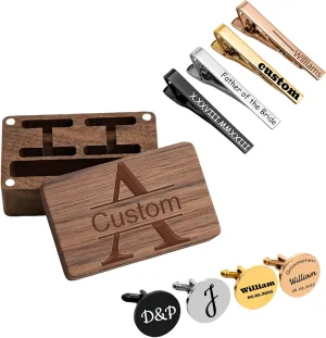 Mens Cufflinks Tie Clip Set Custom Cufflinks for Men Personalized Father Of The Bride Cuff Links with Engraved Wood Box Wedding Cufflinks for Dad, Groom, Best Man, Groomsmen, Father of the Groom