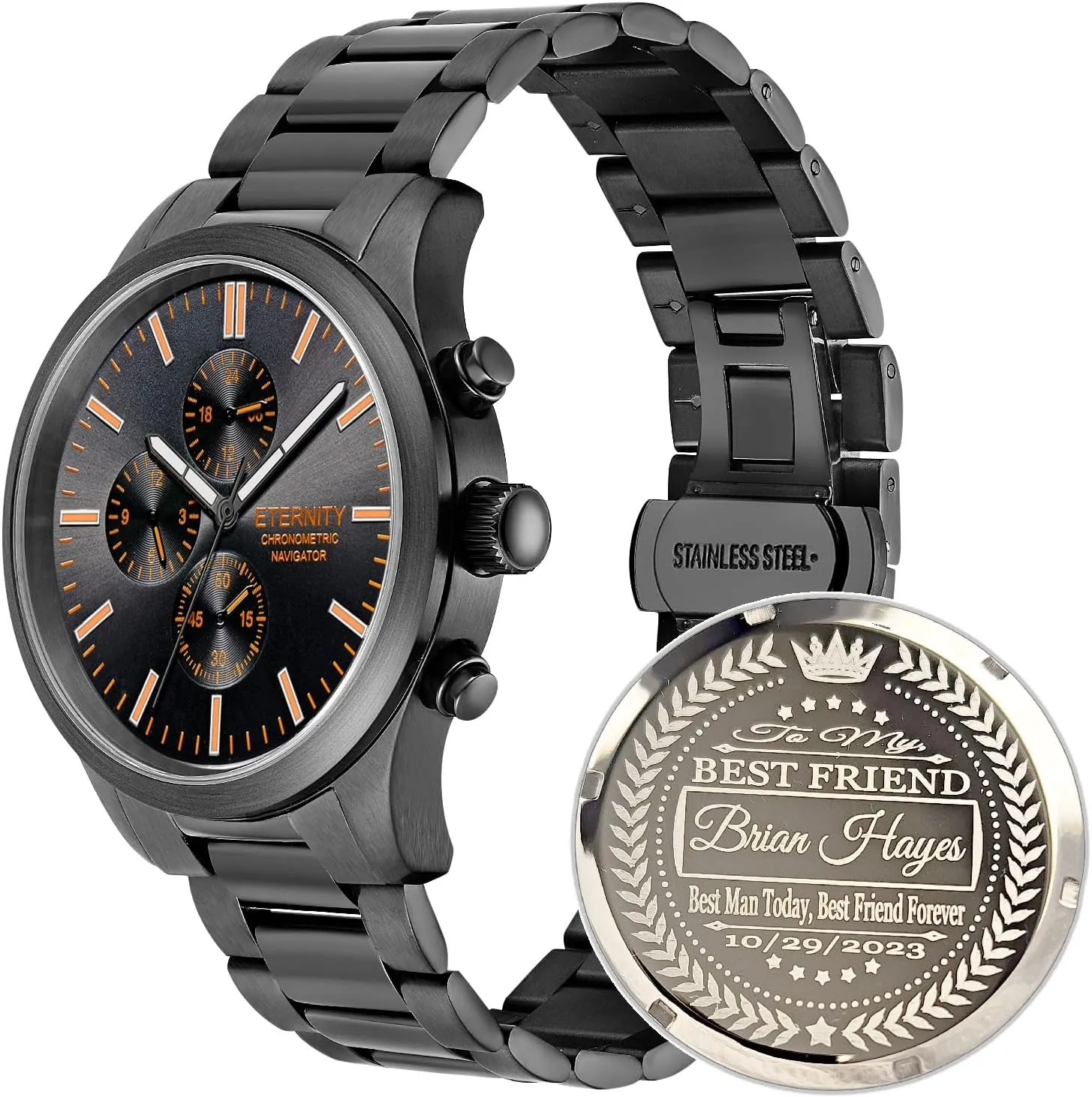 Men's Engraved Watches, Personalized Back Cover, Multi Function, Stainless Adjustable, Quartz Battery, Luminous dial.