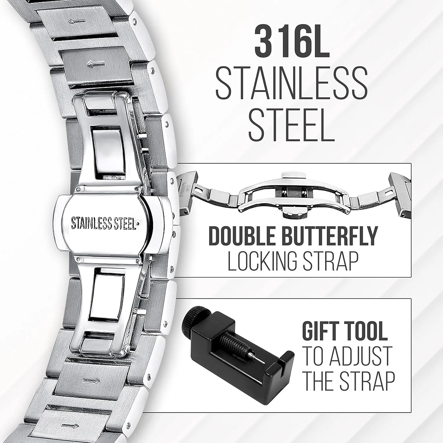 Men's Engraved Watches, Personalized Back Cover, Multi Function, Stainless Adjustable, Quartz Battery, Luminous dial.