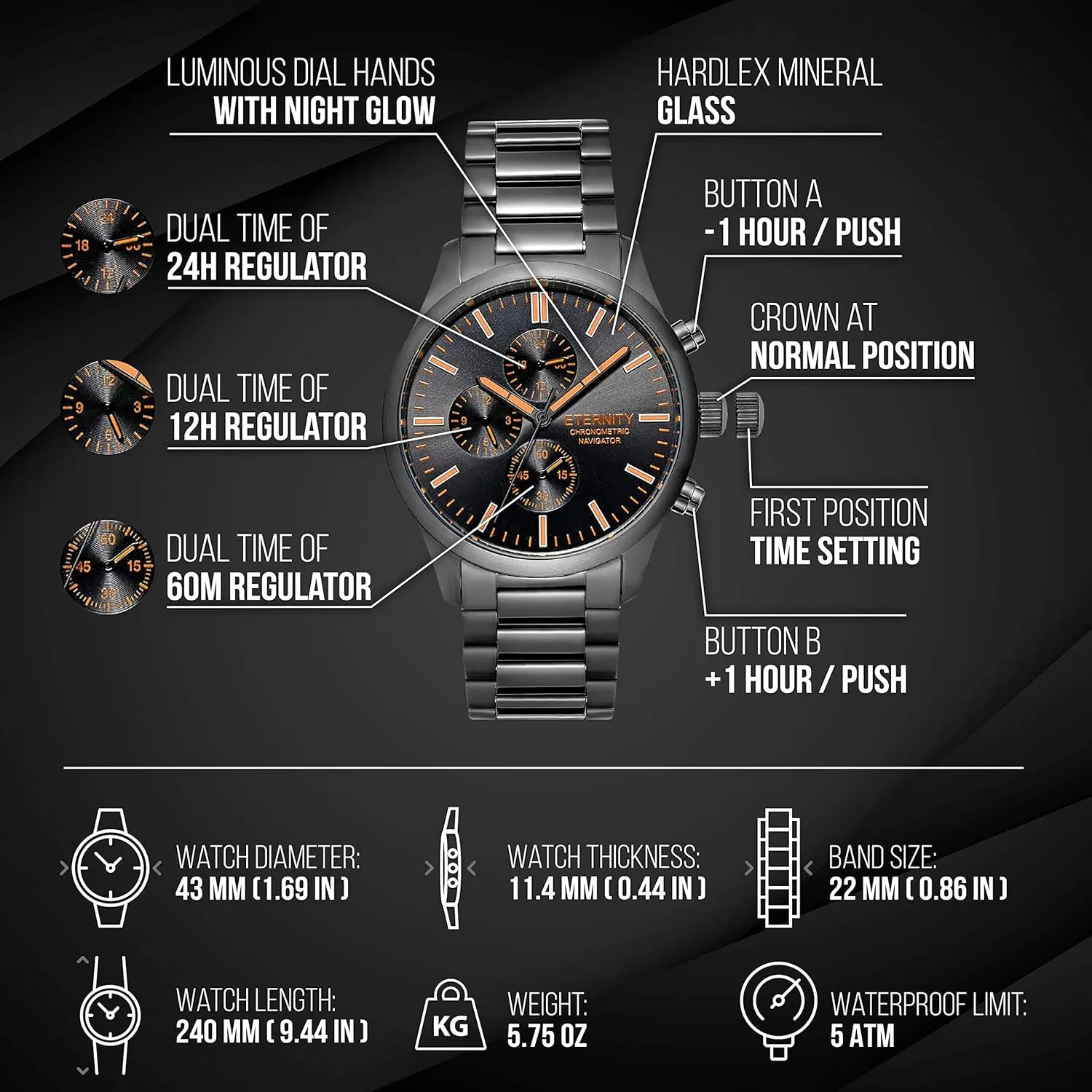 Men's Engraved Watches, Personalized Back Cover, Multi Function, Stainless Adjustable, Quartz Battery, Luminous dial.
