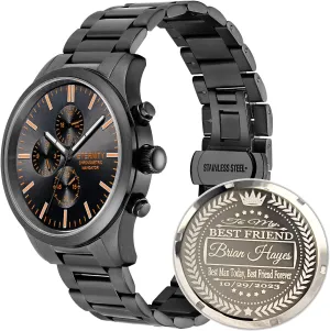 Men's Engraved Watches, Personalized Back Cover, Multi Function, Stainless Adjustable, Quartz Battery, Luminous dial.