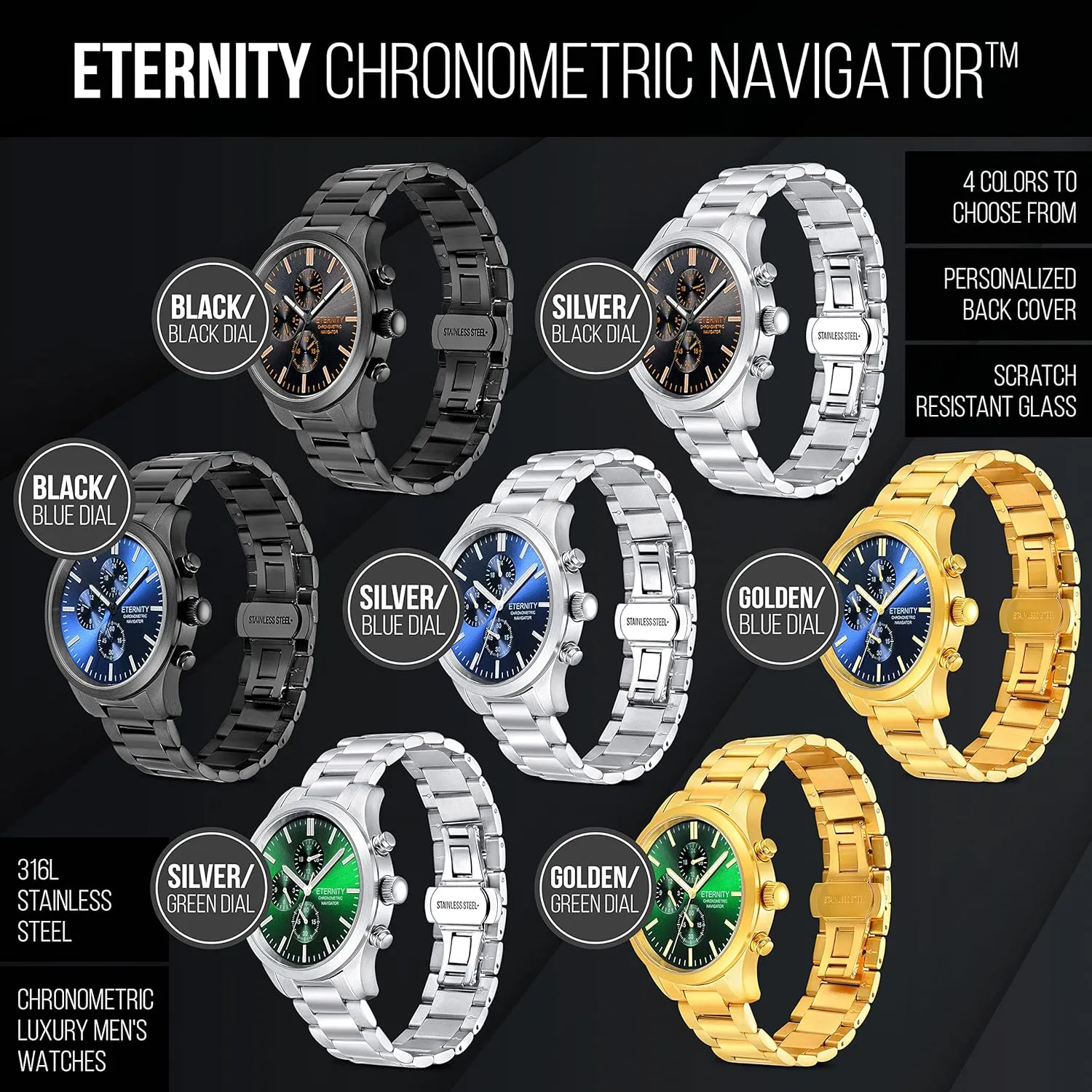 Men's Engraved Watches, Personalized Back Cover, Multi Function, Stainless Adjustable, Quartz Battery, Luminous dial.