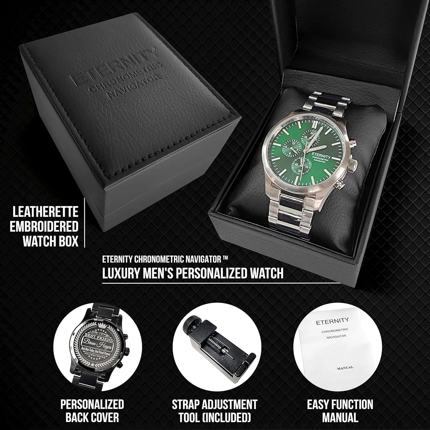 Men's Engraved Watches, Personalized Back Cover, Multi Function, Stainless Adjustable, Quartz Battery, Luminous dial.