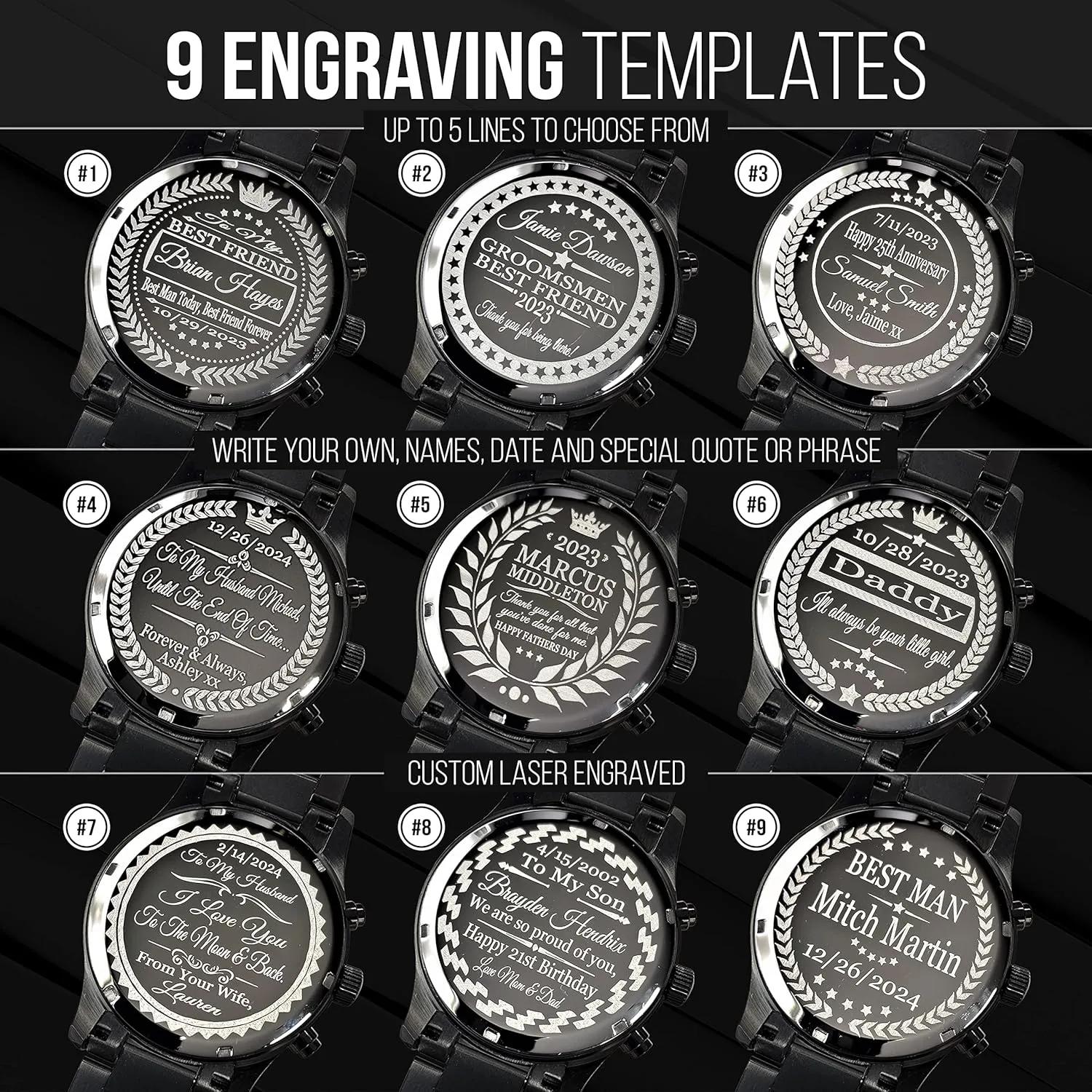Men's Engraved Watches, Personalized Back Cover, Multi Function, Stainless Adjustable, Quartz Battery, Luminous dial.