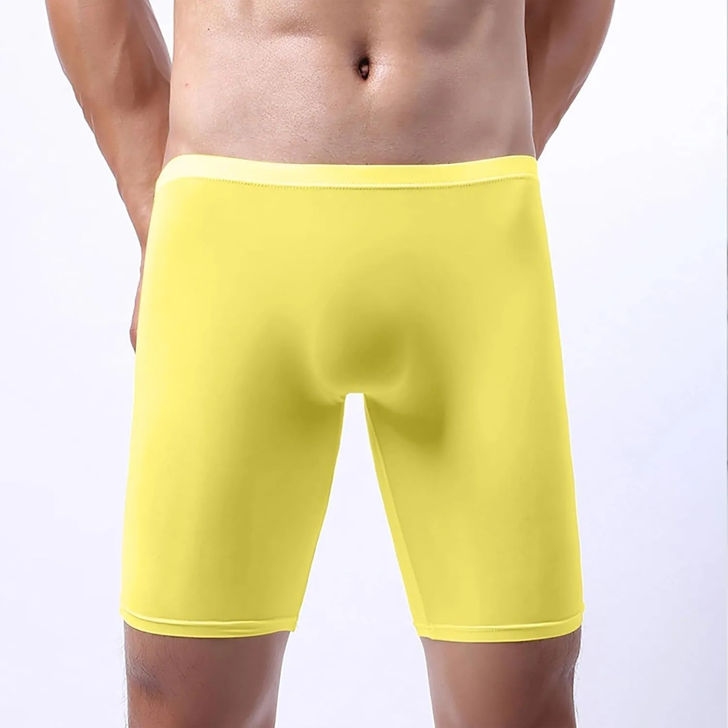 Mens Ice Silk Tight Thin Underwear Solid Low Rise Long Leg Seamless Boxer Briefs Breathable Quick Drying Trunks