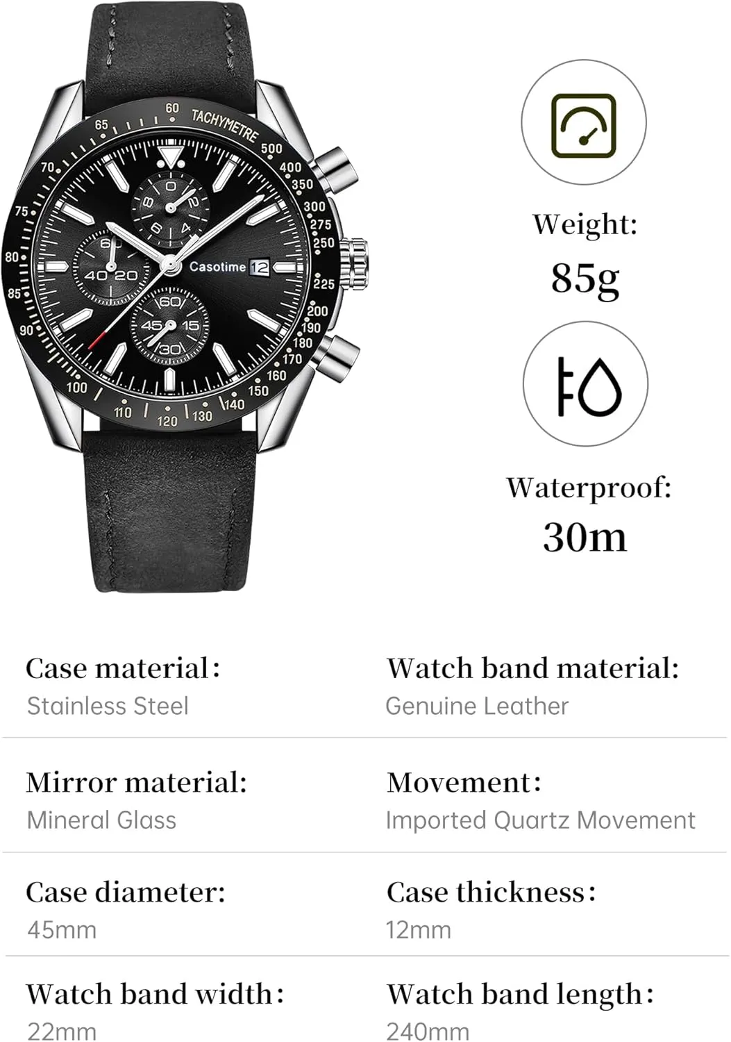 Men's Leather Band Chronograph Watch - 30M Waterproof Big Face Analog Quartz Date - Work Sport Casual Classical Fashion Designer Dress Wrist Watch - Elegant Gift for Men