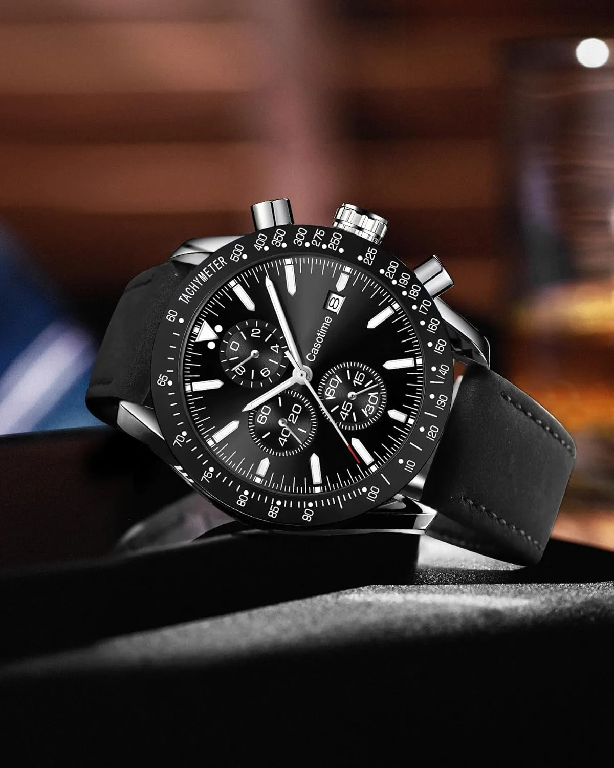 Men's Leather Band Chronograph Watch - 30M Waterproof Big Face Analog Quartz Date - Work Sport Casual Classical Fashion Designer Dress Wrist Watch - Elegant Gift for Men
