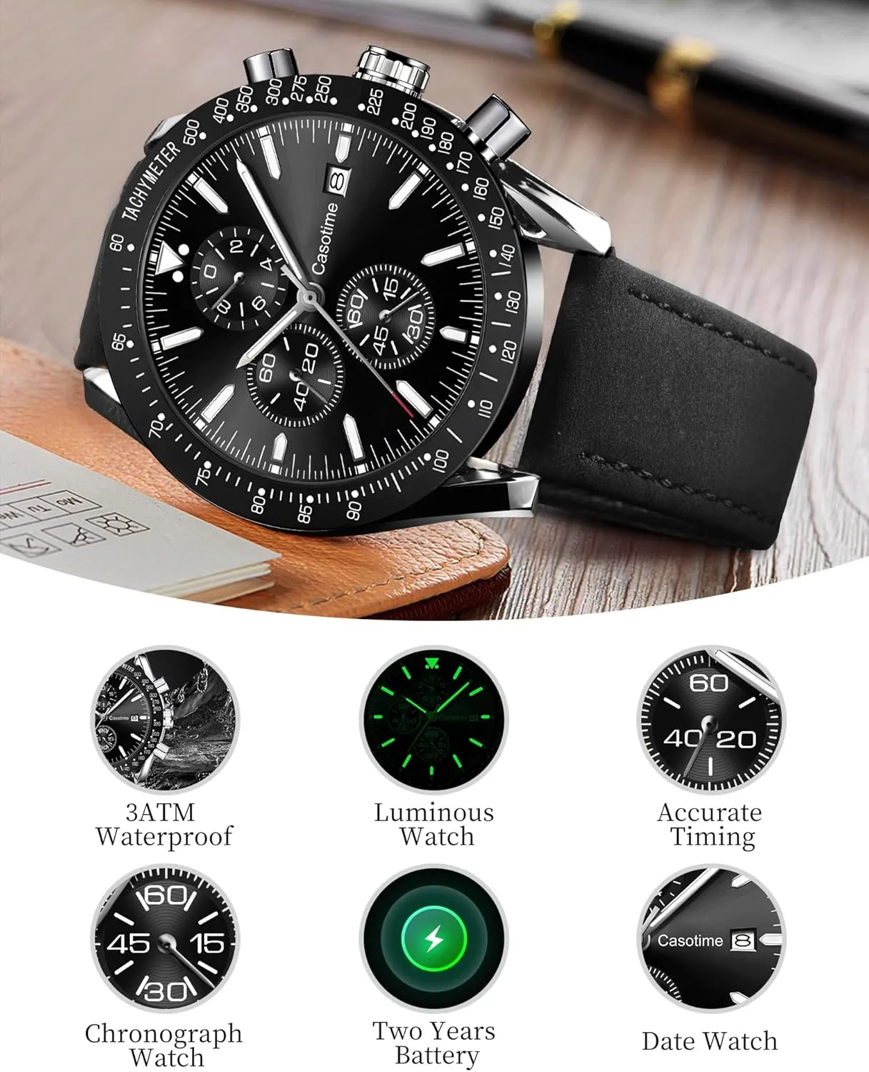 Men's Leather Band Chronograph Watch - 30M Waterproof Big Face Analog Quartz Date - Work Sport Casual Classical Fashion Designer Dress Wrist Watch - Elegant Gift for Men
