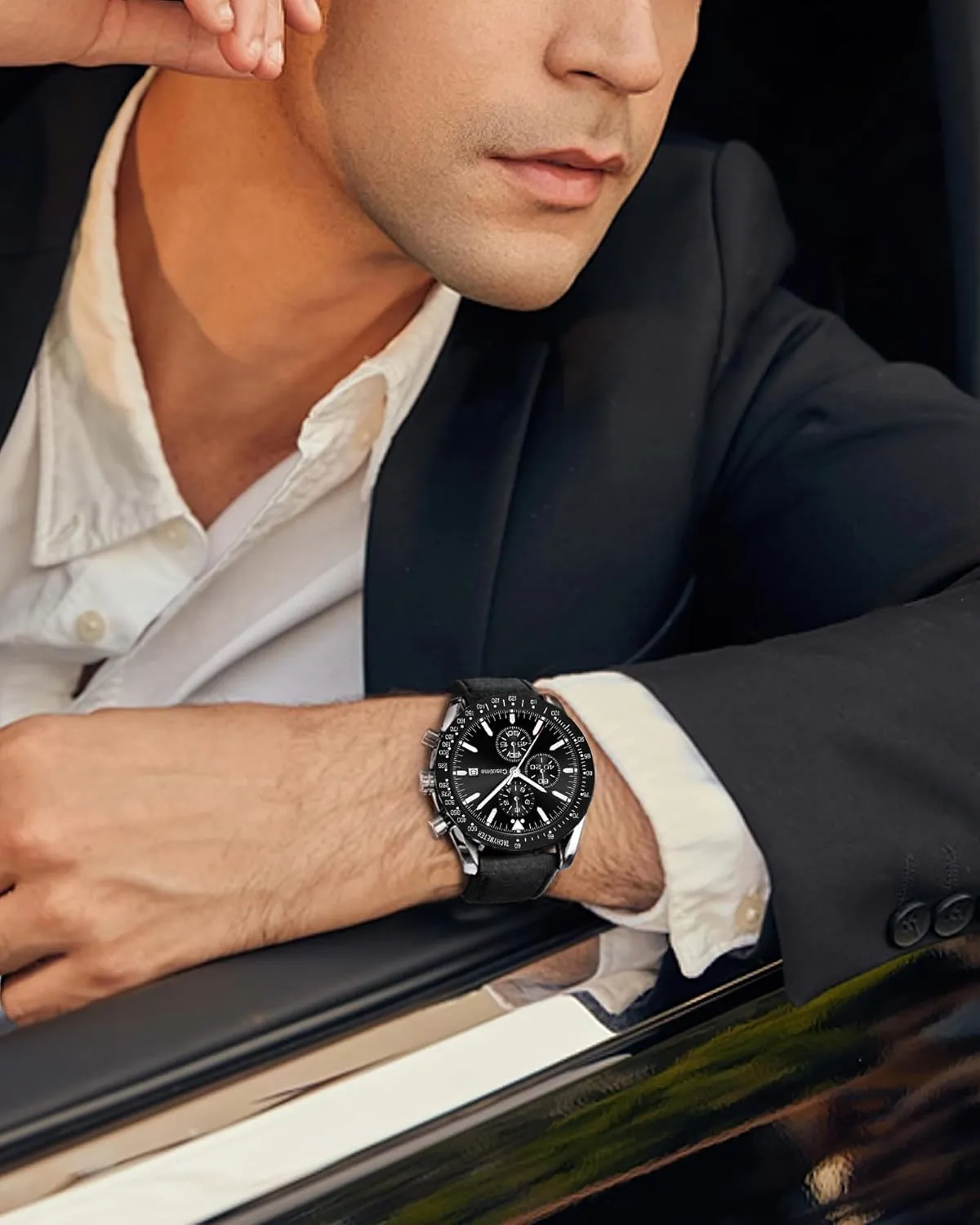 Men's Leather Band Chronograph Watch - 30M Waterproof Big Face Analog Quartz Date - Work Sport Casual Classical Fashion Designer Dress Wrist Watch - Elegant Gift for Men