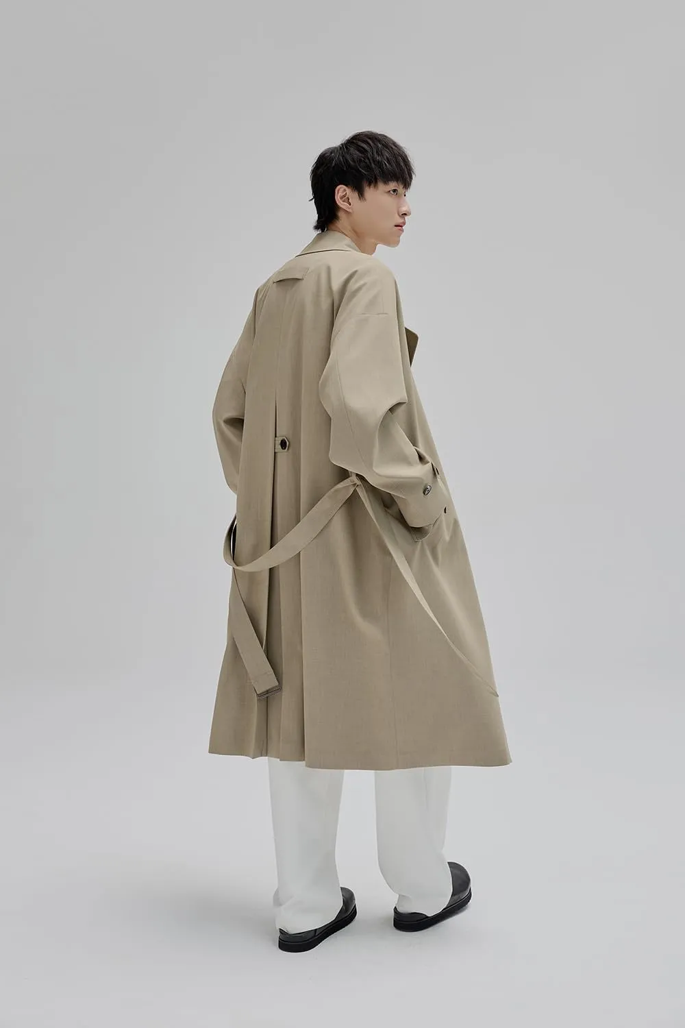 Mens Oversized Long Trench Coat Double Breasted Lapel Windproof Overcoat With Belt
