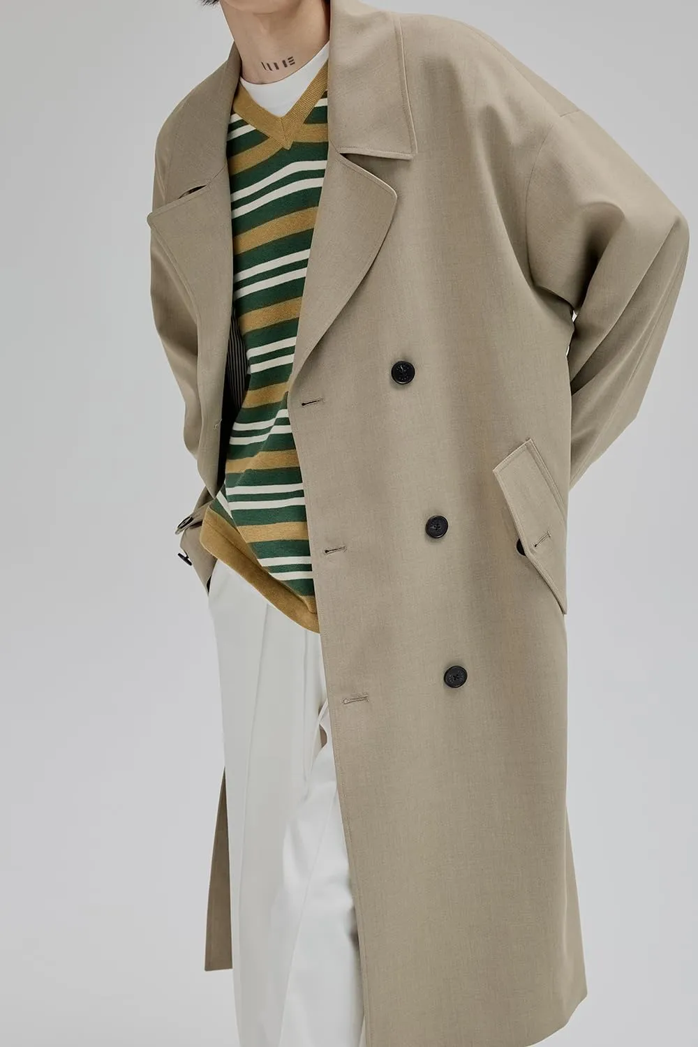 Mens Oversized Long Trench Coat Double Breasted Lapel Windproof Overcoat With Belt