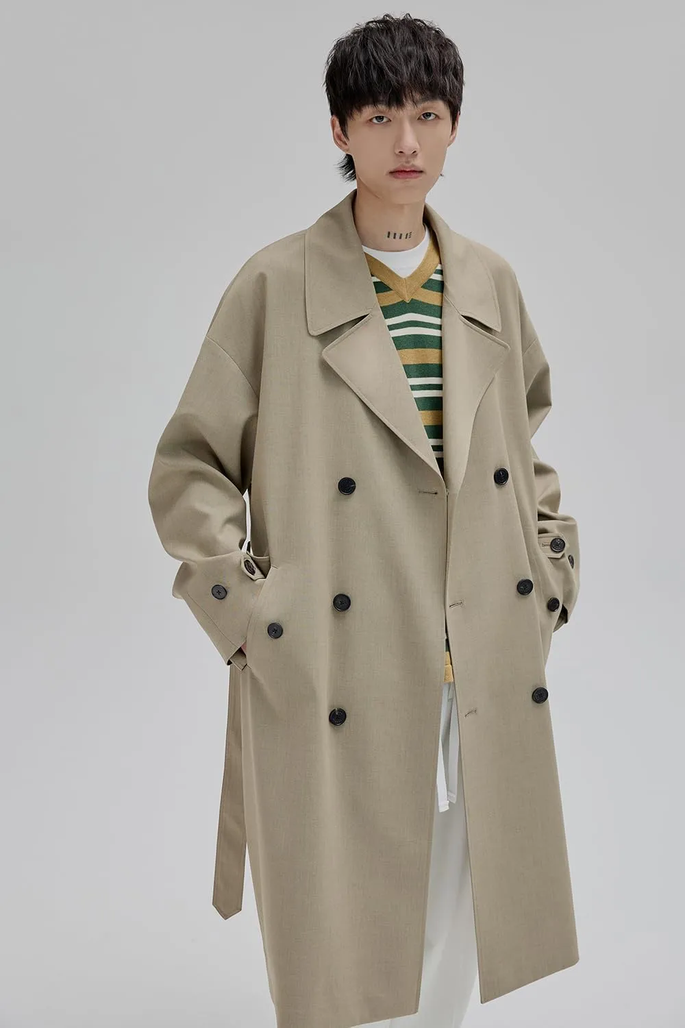 Mens Oversized Long Trench Coat Double Breasted Lapel Windproof Overcoat With Belt