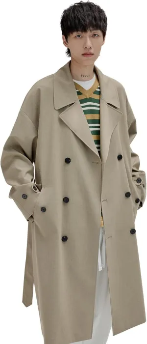 Mens Oversized Long Trench Coat Double Breasted Lapel Windproof Overcoat With Belt