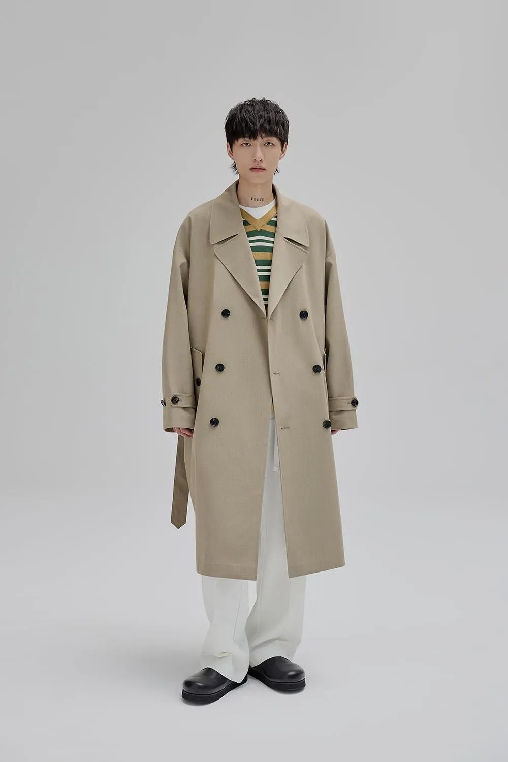 Mens Oversized Long Trench Coat Double Breasted Lapel Windproof Overcoat With Belt