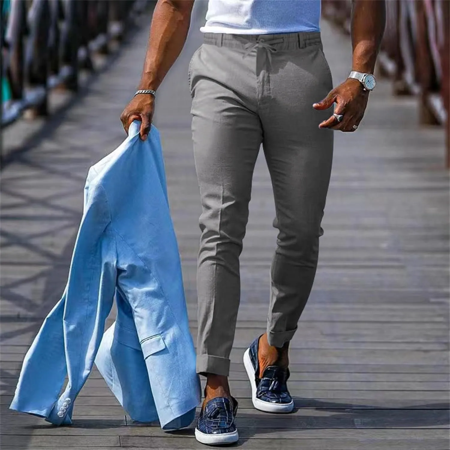 Mens Slim Fit Leisure Pants Mid Waist Soldi Color Straight Fall Fashion Hipster Trouser Dressy Casual Outdoor Versatile Pants