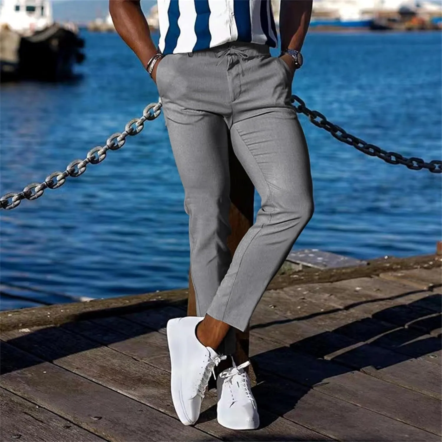 Mens Slim Fit Leisure Pants Mid Waist Soldi Color Straight Fall Fashion Hipster Trouser Dressy Casual Outdoor Versatile Pants