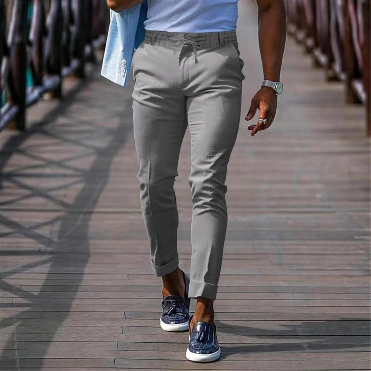 Mens Slim Fit Leisure Pants Mid Waist Soldi Color Straight Fall Fashion Hipster Trouser Dressy Casual Outdoor Versatile Pants