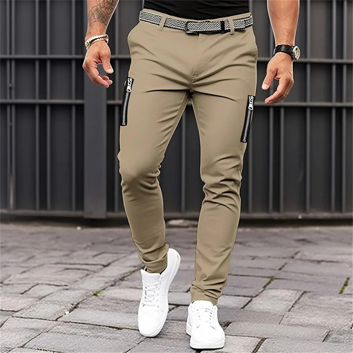 Mens Solid Color Tight Leisure Pants Mid Waist Multi Pockets Tactical Business Trouser Dressy Casual Outdoor Versatile Pants