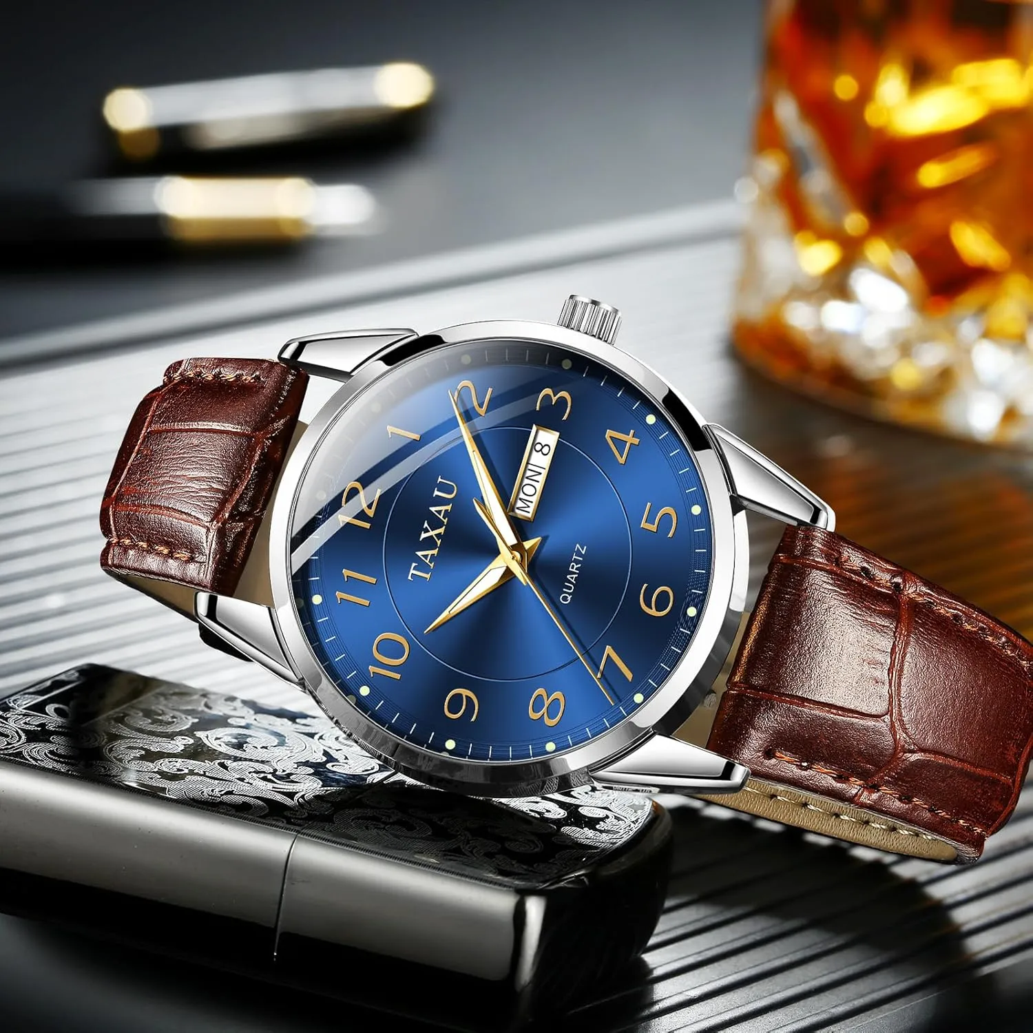 Men's Watches - Fashion Casual Leather Watches Big Face Easy Read Arabic Numerals Quartz Analog Luminous Waterproof Day Date Classic Luxury Dress Wrist Watches